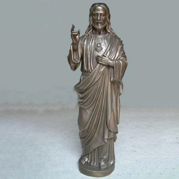 Church Bronze Sacred Heart of Jesus Statue with raised blessing hand and exposed sacred heart