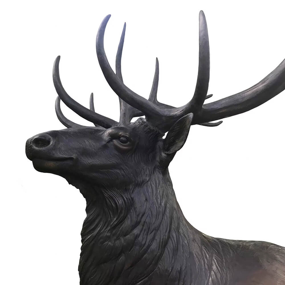 Close-up view of bronze Elk Statue for Sale showing realistic facial structure and intricate antler design