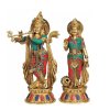 Colorful Bronze Radha Krishna Statue adorned with red, green, and blue inlay