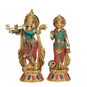 Colorful Bronze Radha Krishna Statue adorned with red, green, and blue inlay