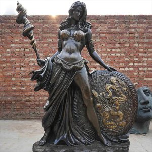 Frigga Statue depicting the Norse All-Mother goddess in bronze, holding a spiral spear and a golden dragon shield