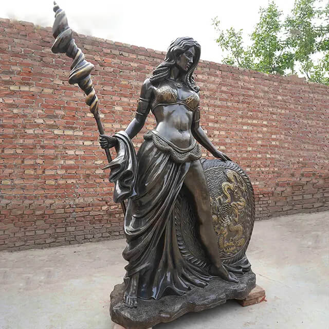 Frigga Statue, featuring the Norse goddess in warrior attire with a flowing skirt, spiral spear