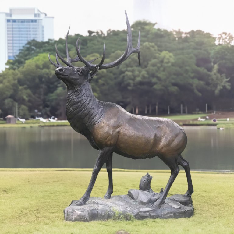 Life-size bronze Elk Statue for Sale standing on a rock base