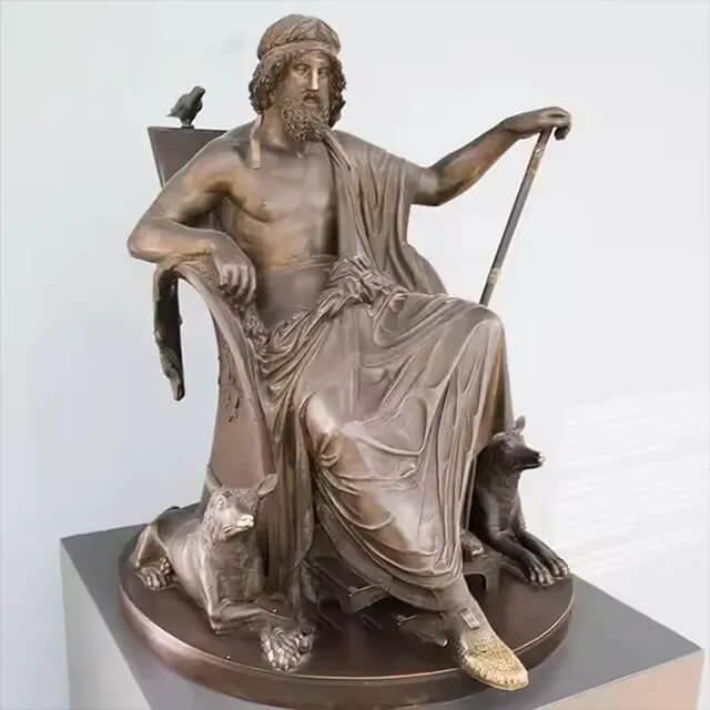 Odin Bronze Statue created by H. E. Freund, depicting Odin seated with his wolves and ravens