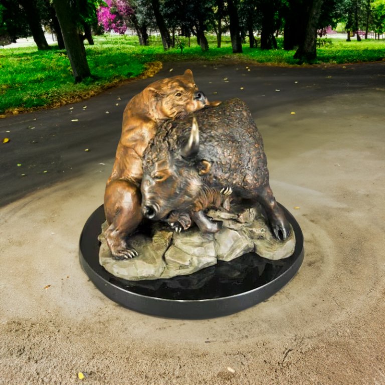Outdoor Bull and Bear Bronze Statue depicting a dramatic scene of a bear overpowering a collapsing bison on a realistic rock base