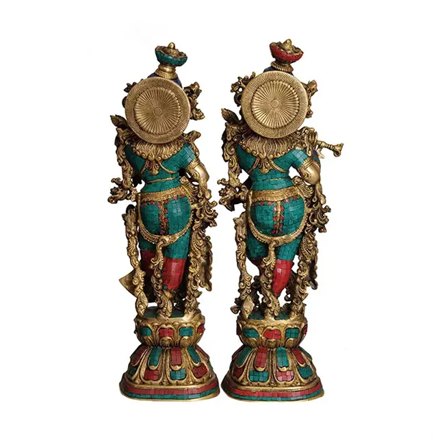 Rear view of a pair of Bronze Radha Krishna Statue featuring intricate detailing on garments and ornate halo discs