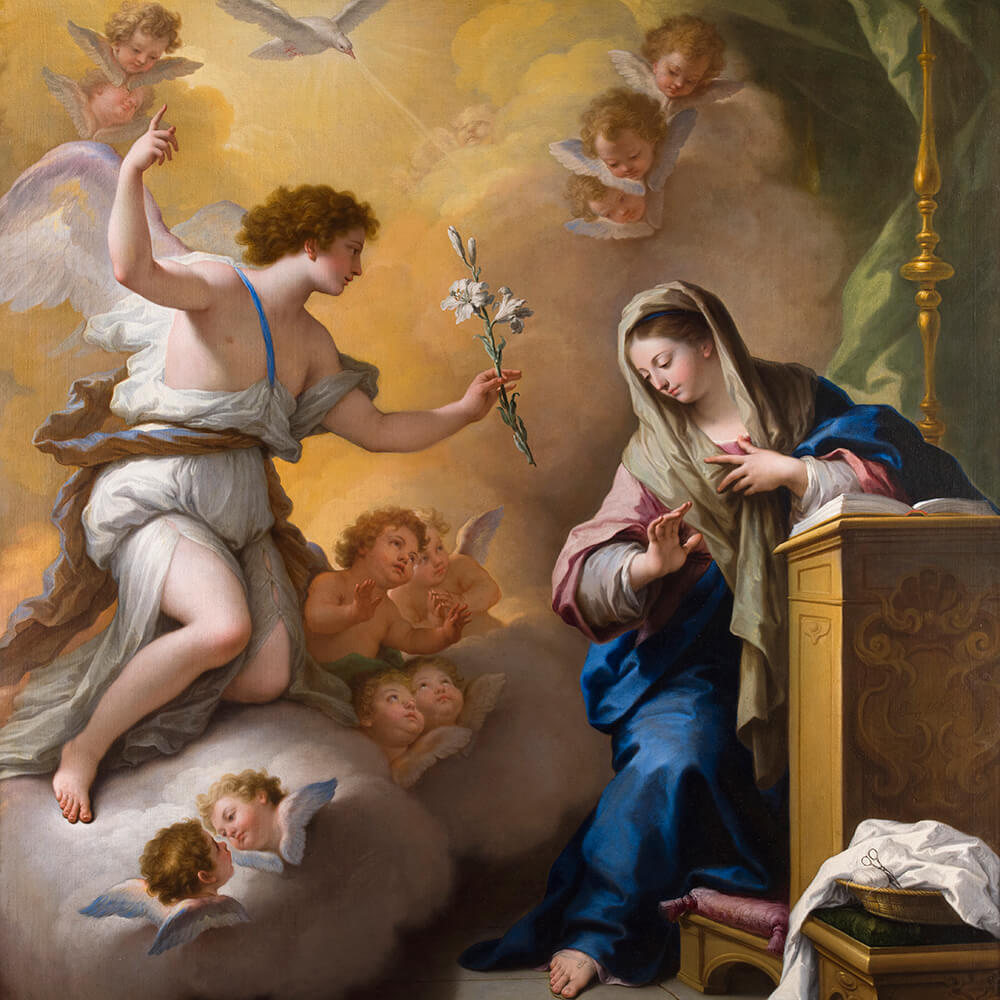 The Annunciation with angel Gabriel offering a lily to Mary, surrounded by cherubs