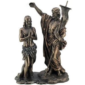 bronze Baptism of Jesus Statue depicting John the Baptist pouring water over Jesus