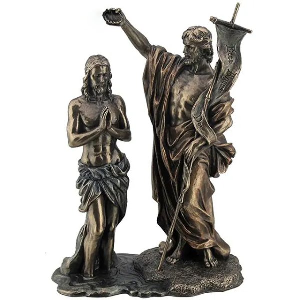 bronze Baptism of Jesus Statue depicting John the Baptist pouring water over Jesus