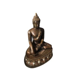 bronze Seated Shakyamuni Buddha sculpture with right hand lowered palm-up, sitting on lotus base