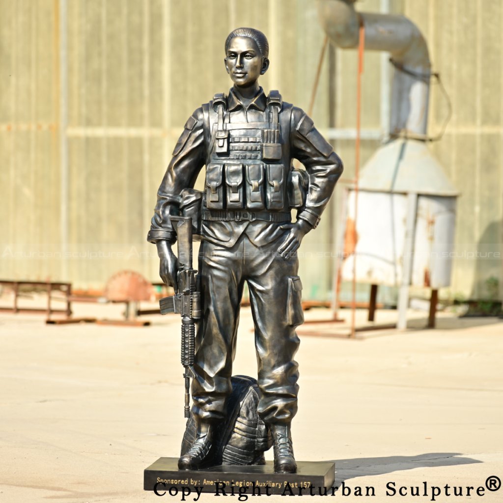 0-Front view of Female Soldier bronze Statue standing confidently
