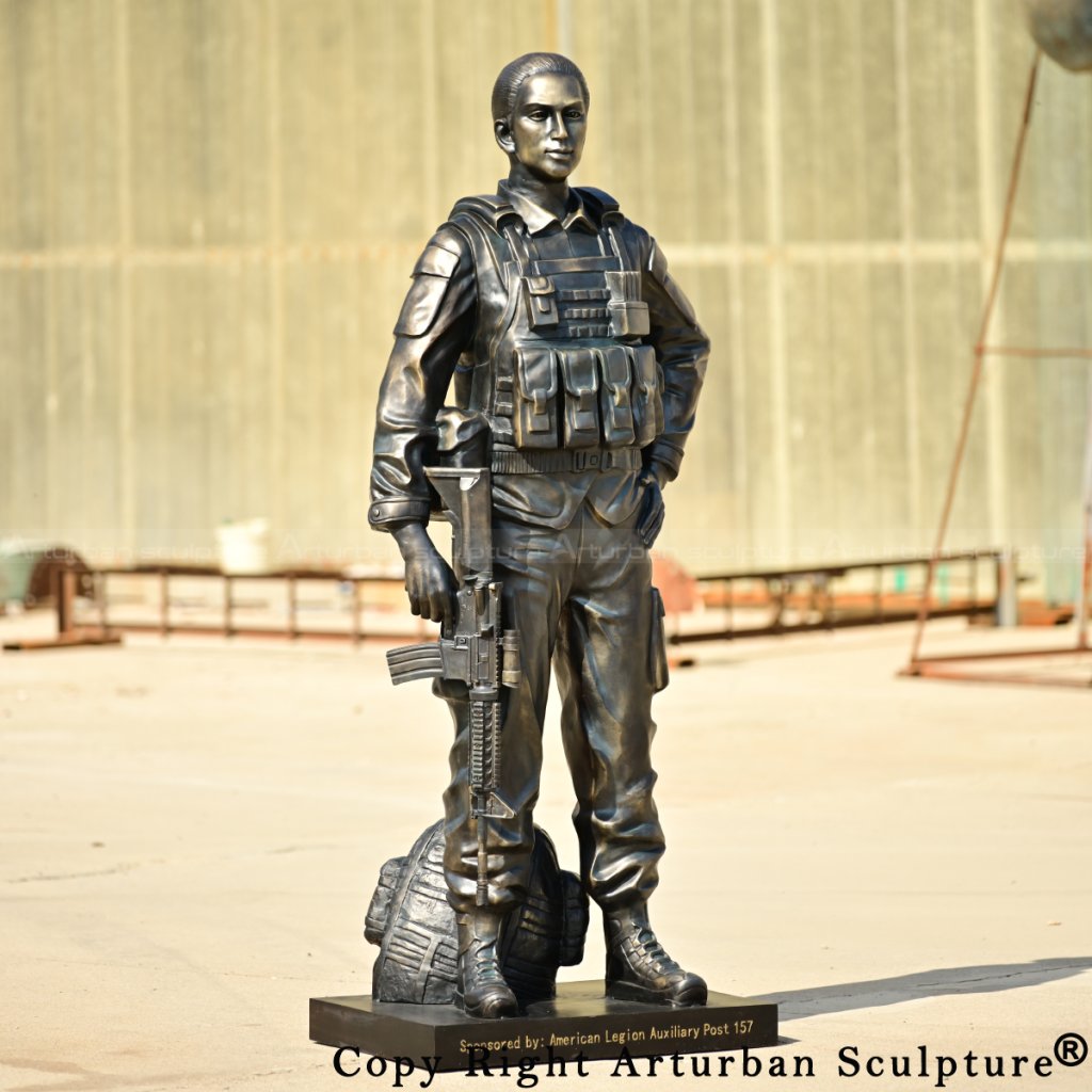 5-Angled view of bronze Female Soldier Statue with one hand on hip