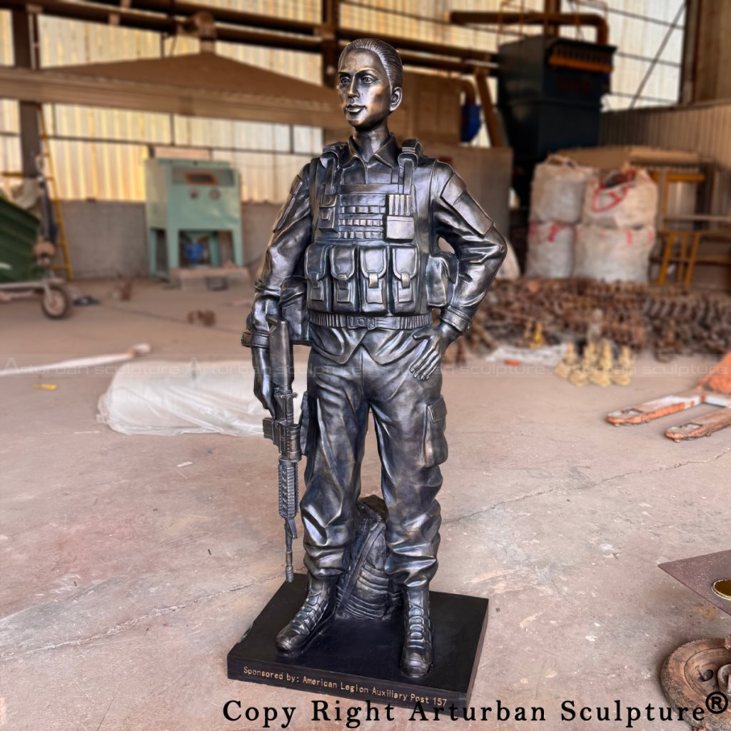 5-bronze Female Soldier Statue featuring ACU uniform and rifle after making the patina