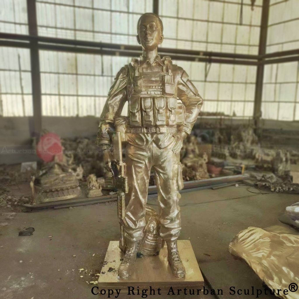 7-Front view of bronze Female Soldier Statue with detailed features after polishing process