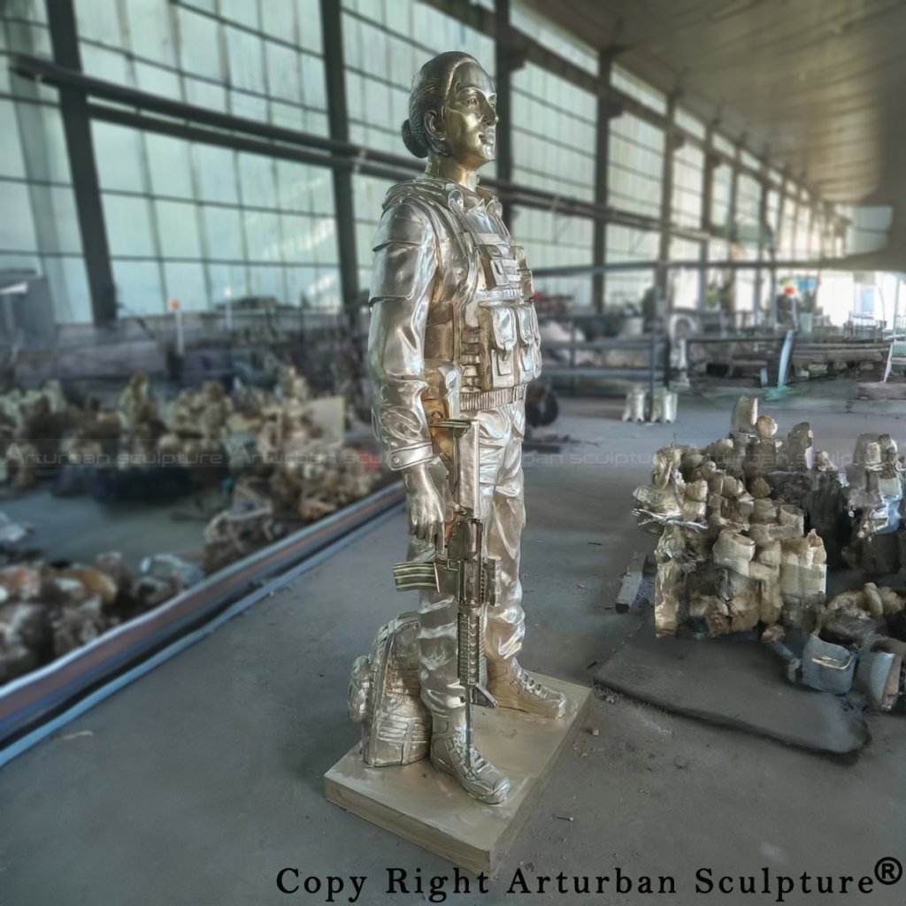 7-Side view of polished bronze Female Soldier Statue