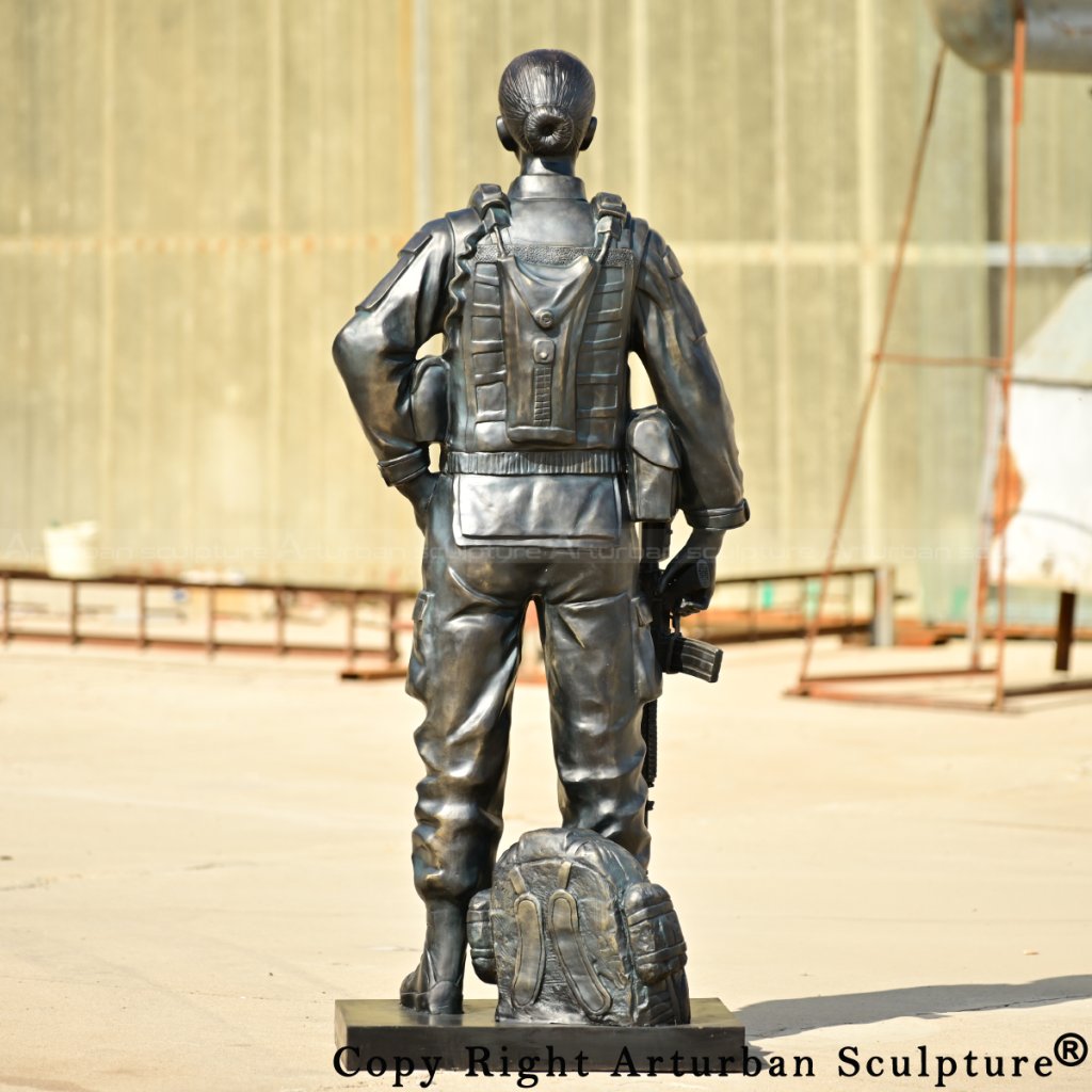 8-Back view of bronze Female Soldier Statue showing tactical vest