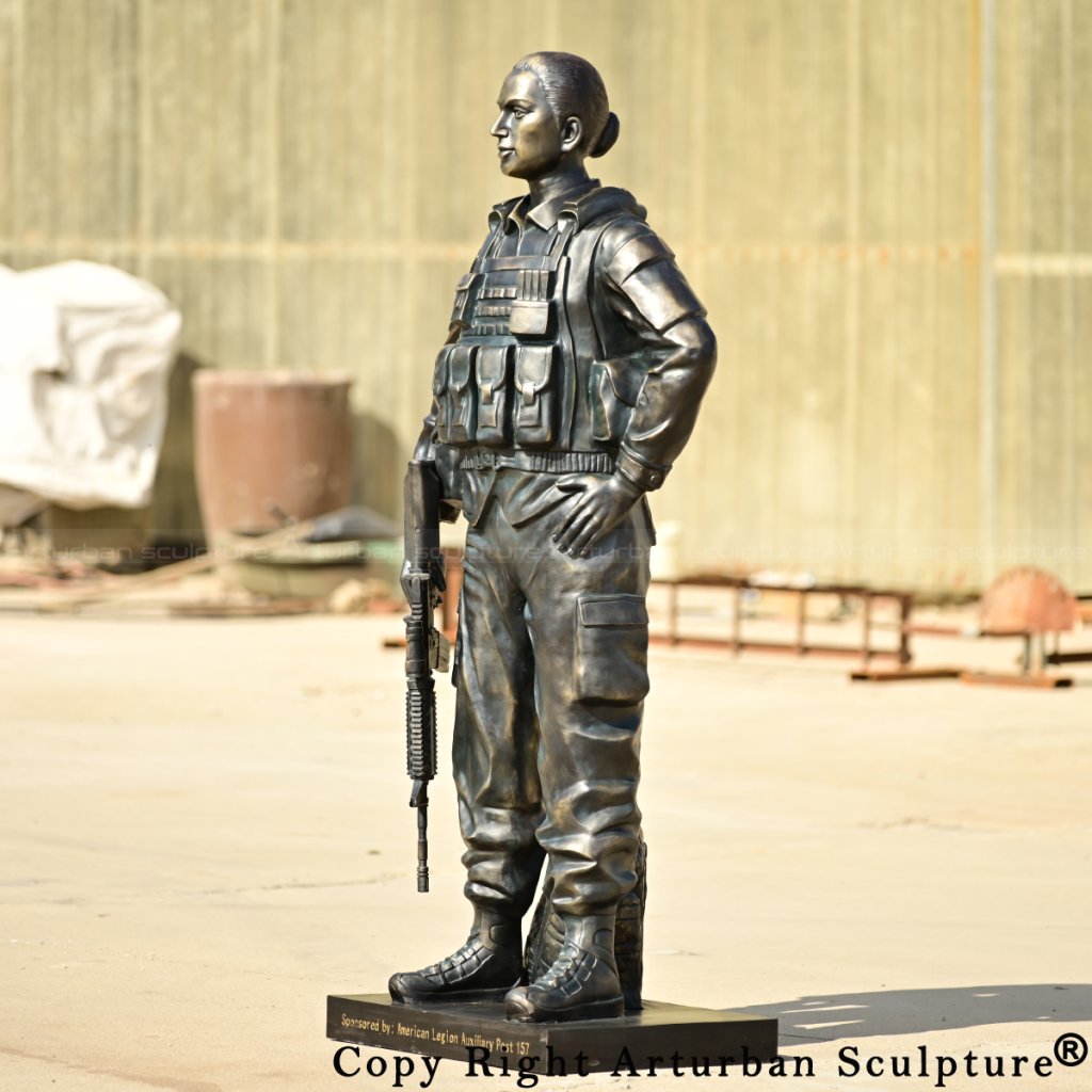 8-bronze Female Soldier Statue highlighting facial expression and combat stance