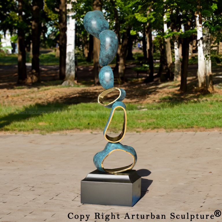 Abstract Modern Art Sculpture in stainless steel with blue-green finish and gold mirror interior