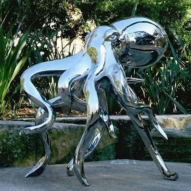 Abstract Silver Octopus Sculpture in polished stainless steel