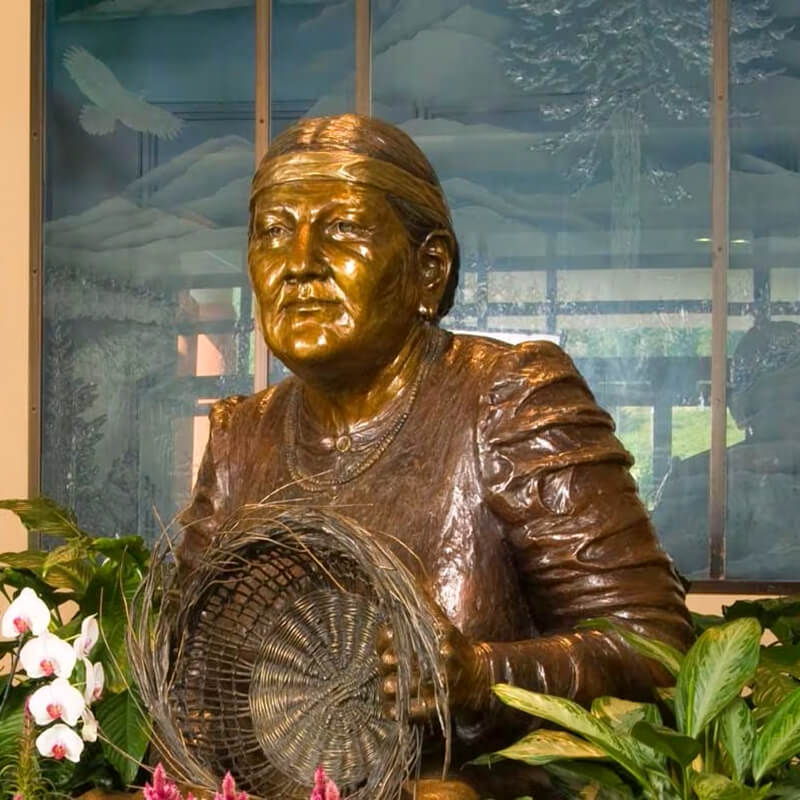 Bronze Native American Female Statue of Martha Jane Sands holding woven basket