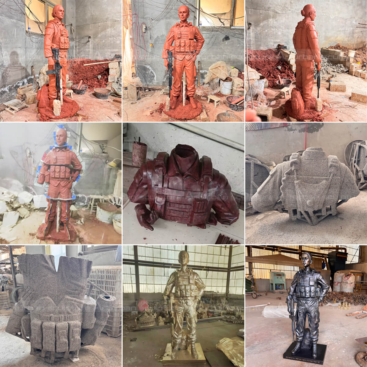 Bronze military statue crafting process including clay model, wax mold, and casting stages