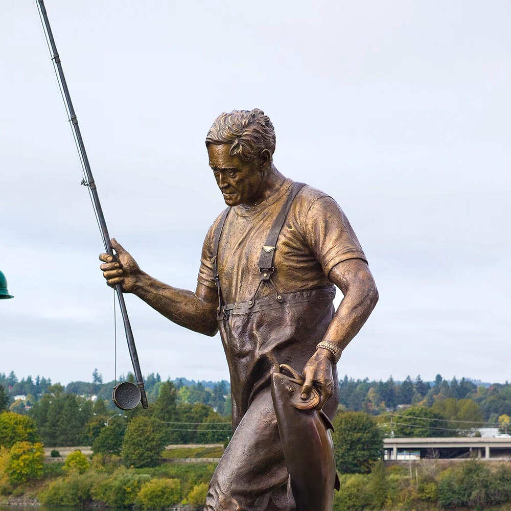 Close-up of Tom McCall Statue showing detailed fishing gear