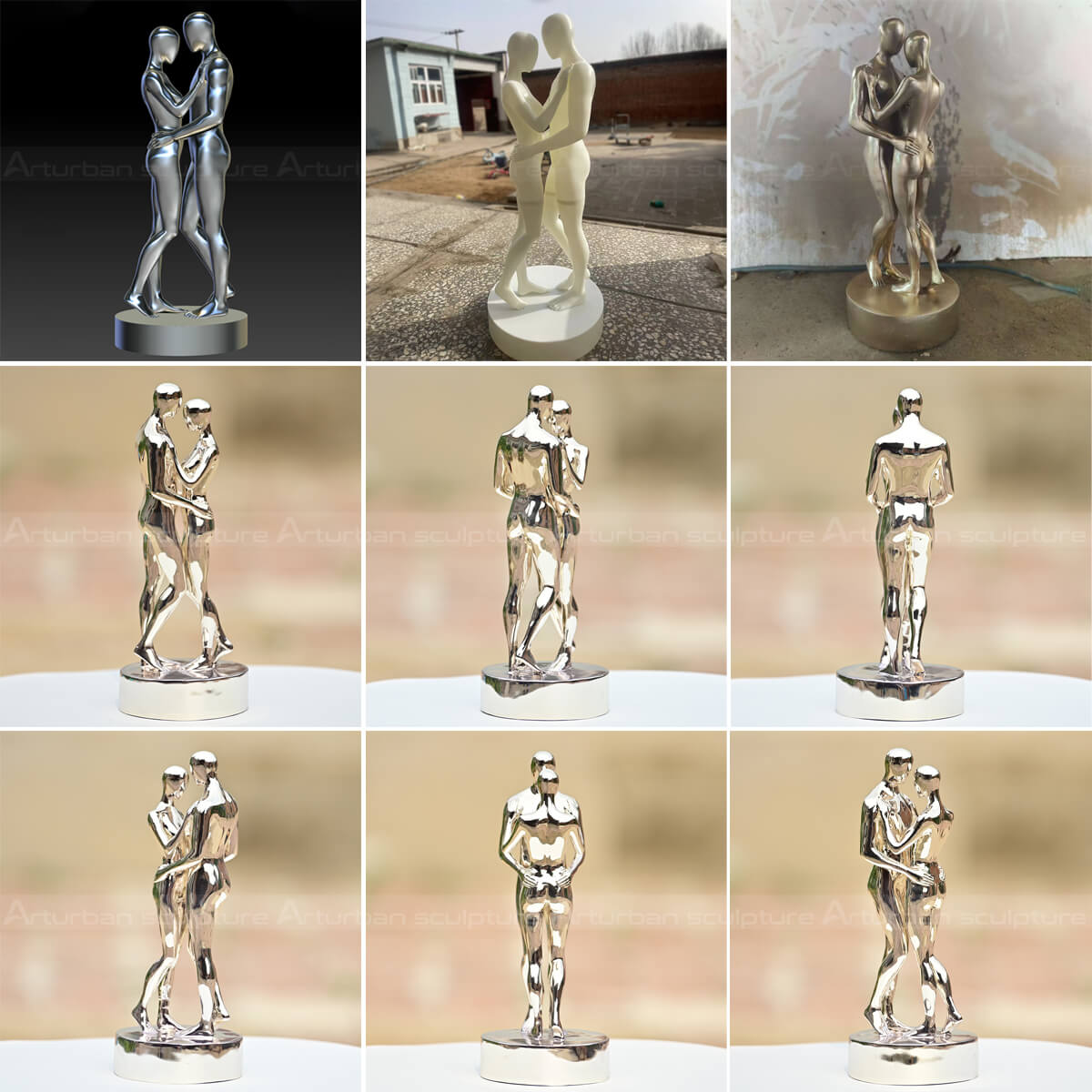 Multiple angles of stainless steel Couple Embracing Statue