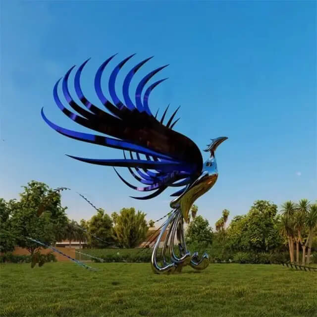 Outdoor stainless steel metal sculpture phoenix with gradient feathers