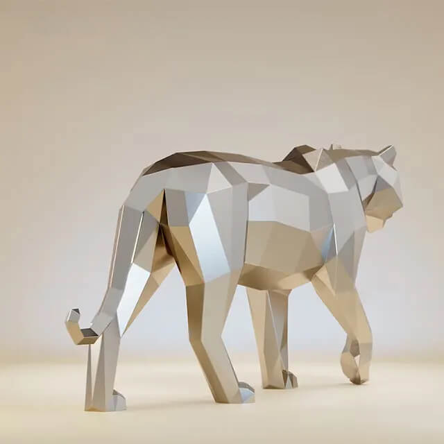 Rear view of Geometric Metal Tiger Sculpture made of stainless steel