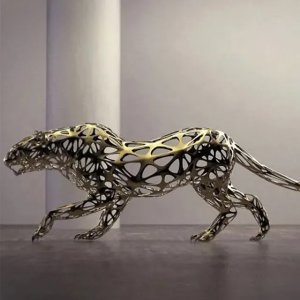 Sebastian Novaky's stainless steel Leopard Sculpture in a cautious walking pose