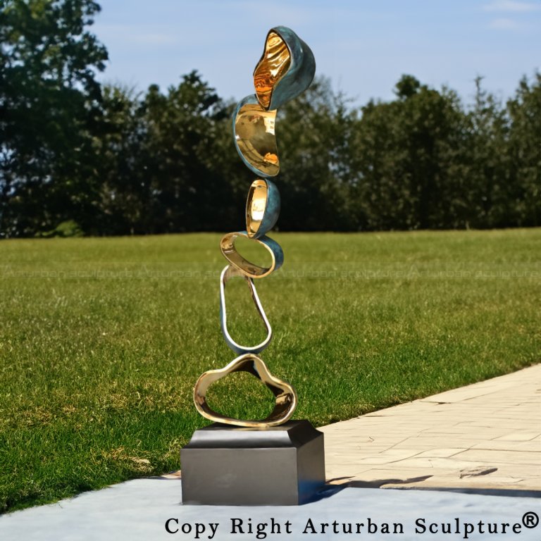 Stainless steel Sculpture Abstract Art piece with blue-green and gold finishes