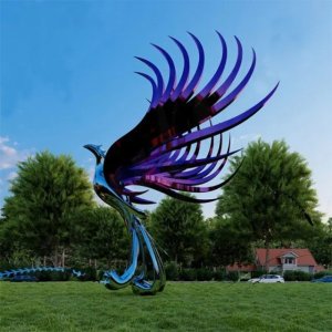 Stainless steel metal sculpture phoenix with abstract wings