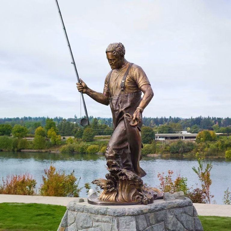 Tom McCall Statue in bronze wading through river with fishing rod and steelhead