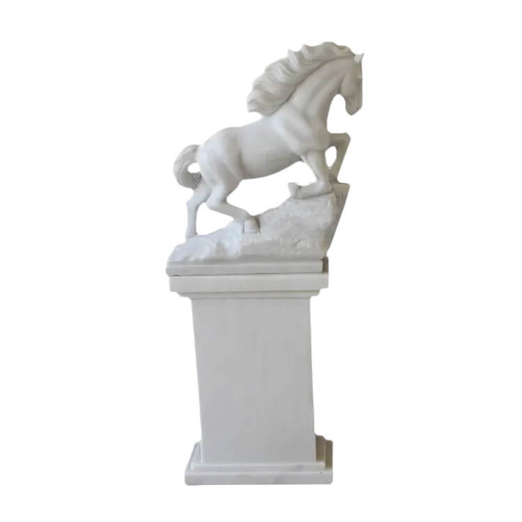 White Horse Marble Statue standing proudly on rocky pedestal with lifted front leg