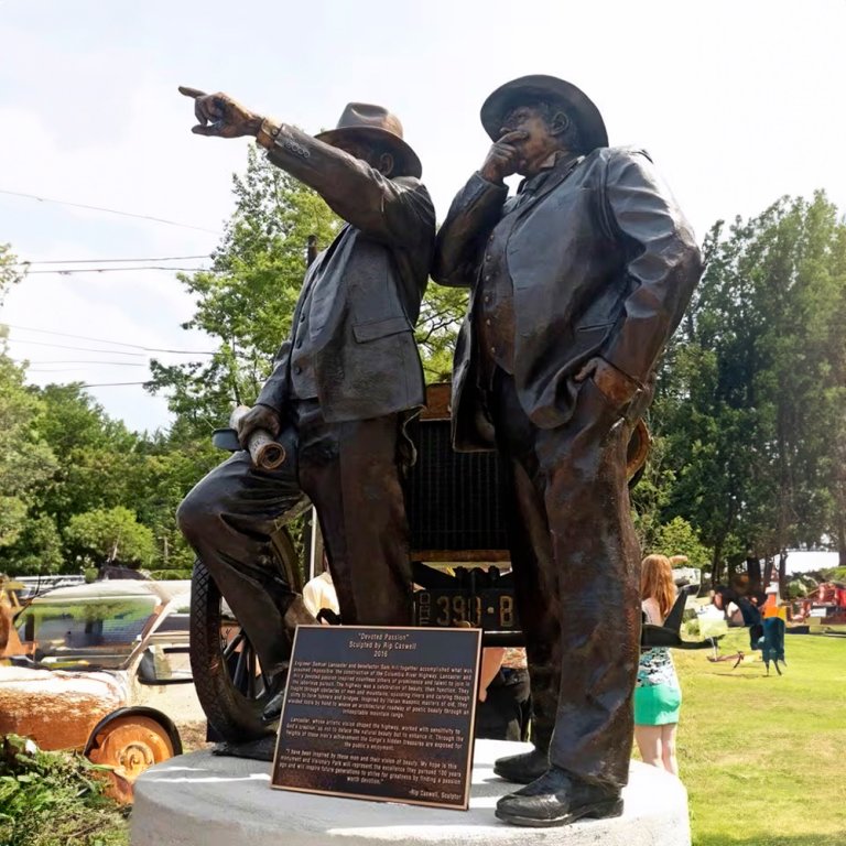 bronze Samuel Lancaster and Sam Hill Statue at Visionary Park with vintage car element