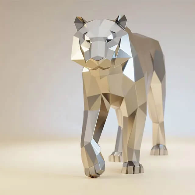 front view of Geometric Metal Tiger Sculpture in stainless steel with low-poly structure