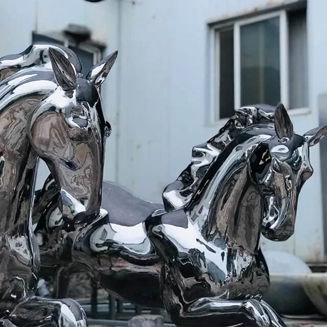 polished stainless steel horse sculptures