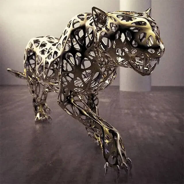 stainless steel Leopard Sculpture walking alertly with abstract hollowed structure