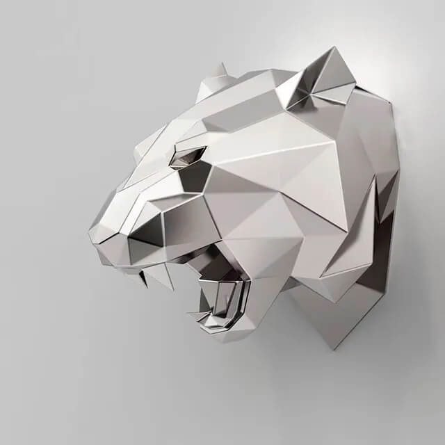 stainless steel Tiger Head Bust featuring low-poly style
