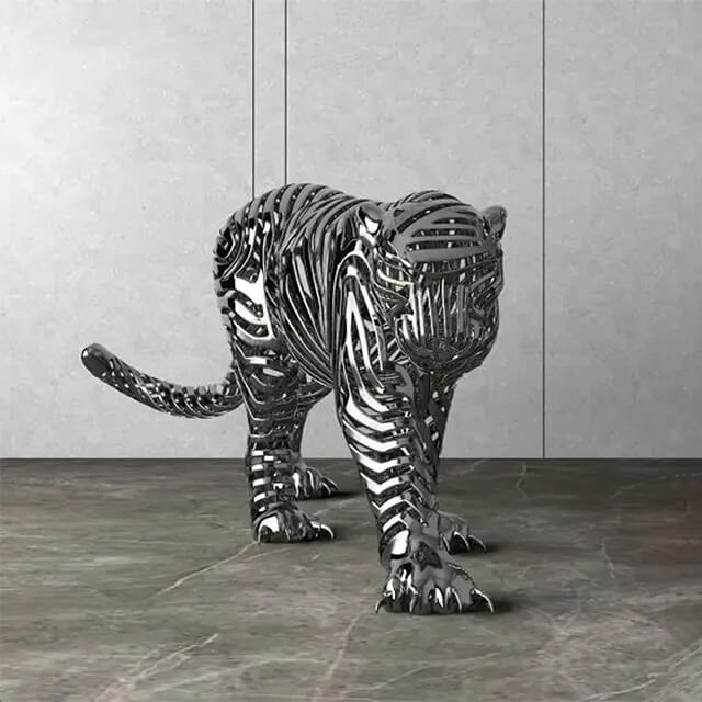 stainless steel metal panther sculpture in prowling pose