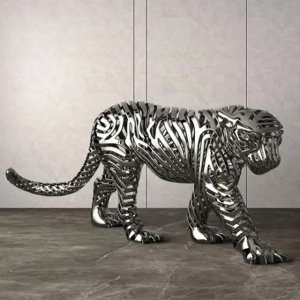 stainless steel metal panther sculpture with mirror finish and geometric hollow body