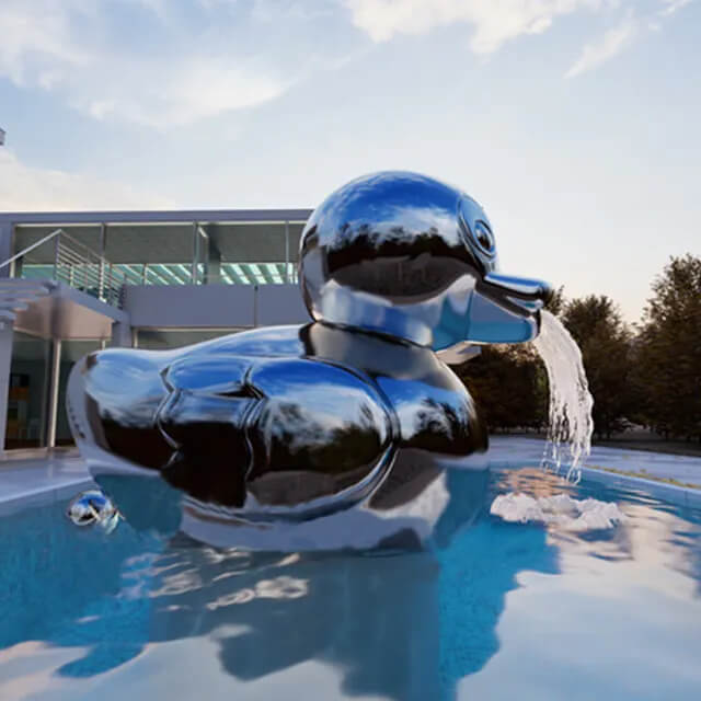 Giant reflective stainless steel Duck Garden Fountain artwork
