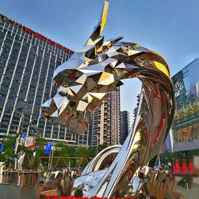 Large Stainless Steel Dragon Sculpture installed in a modern city plaza