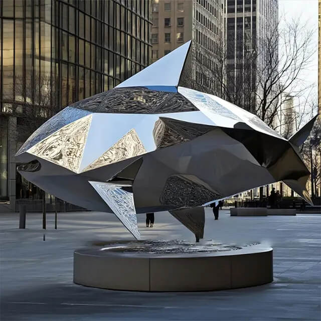 Large Stainless Steel Fish Sculpture of a tuna with faceted surfaces
