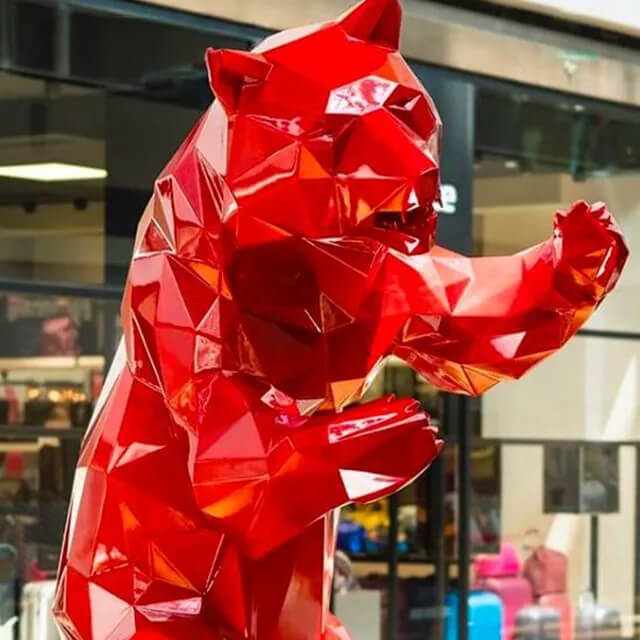 Modern Bear Statue in stainless steel painted bright red