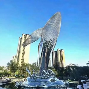Outdoor Stainless Steel Whale Art Sculpture featuring a polished surface and openwork mesh detail