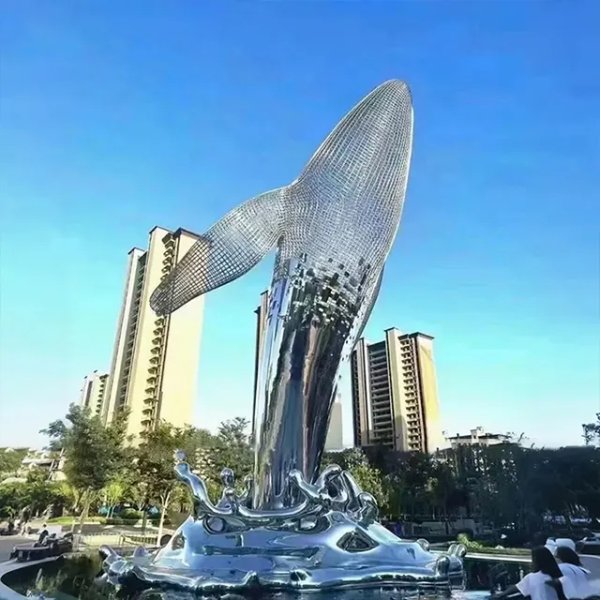 Outdoor Stainless Steel Whale Art Sculpture featuring a polished surface and openwork mesh detail