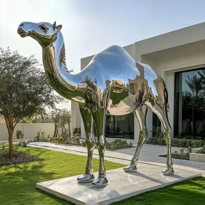 Shiny Stainless Steel Camel Sculpture with a single hump