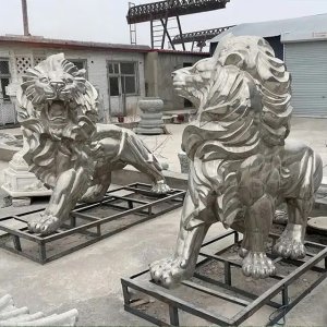 Silver Lion Sculpture in stainless steel with matching roaring pose