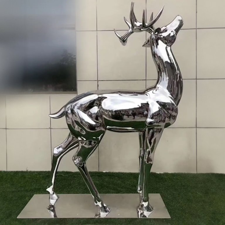 Stainless Steel Deer Sculpture with a mirror-polished surface, featuring an abstract upright stag design